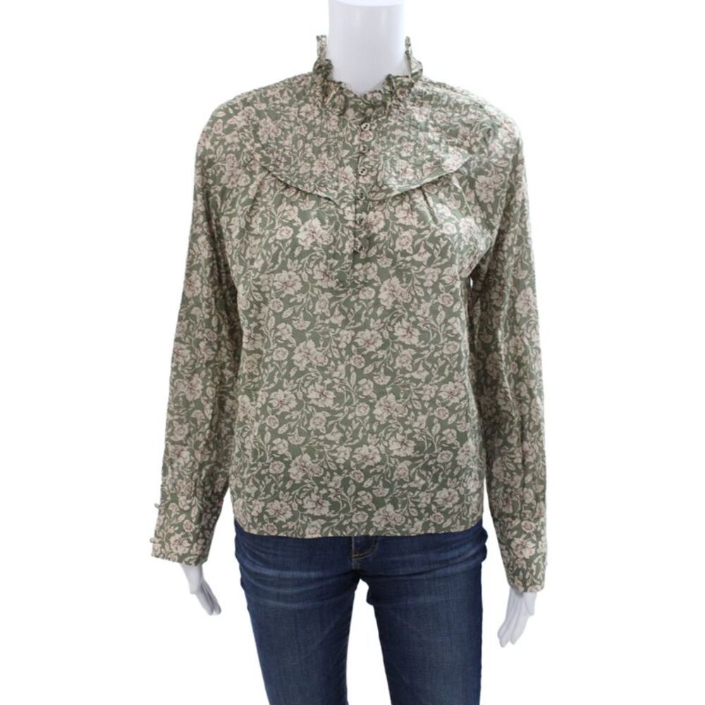 Sundays Women Floral Cotton High Neck Button Long Sleeve Blouse Size S